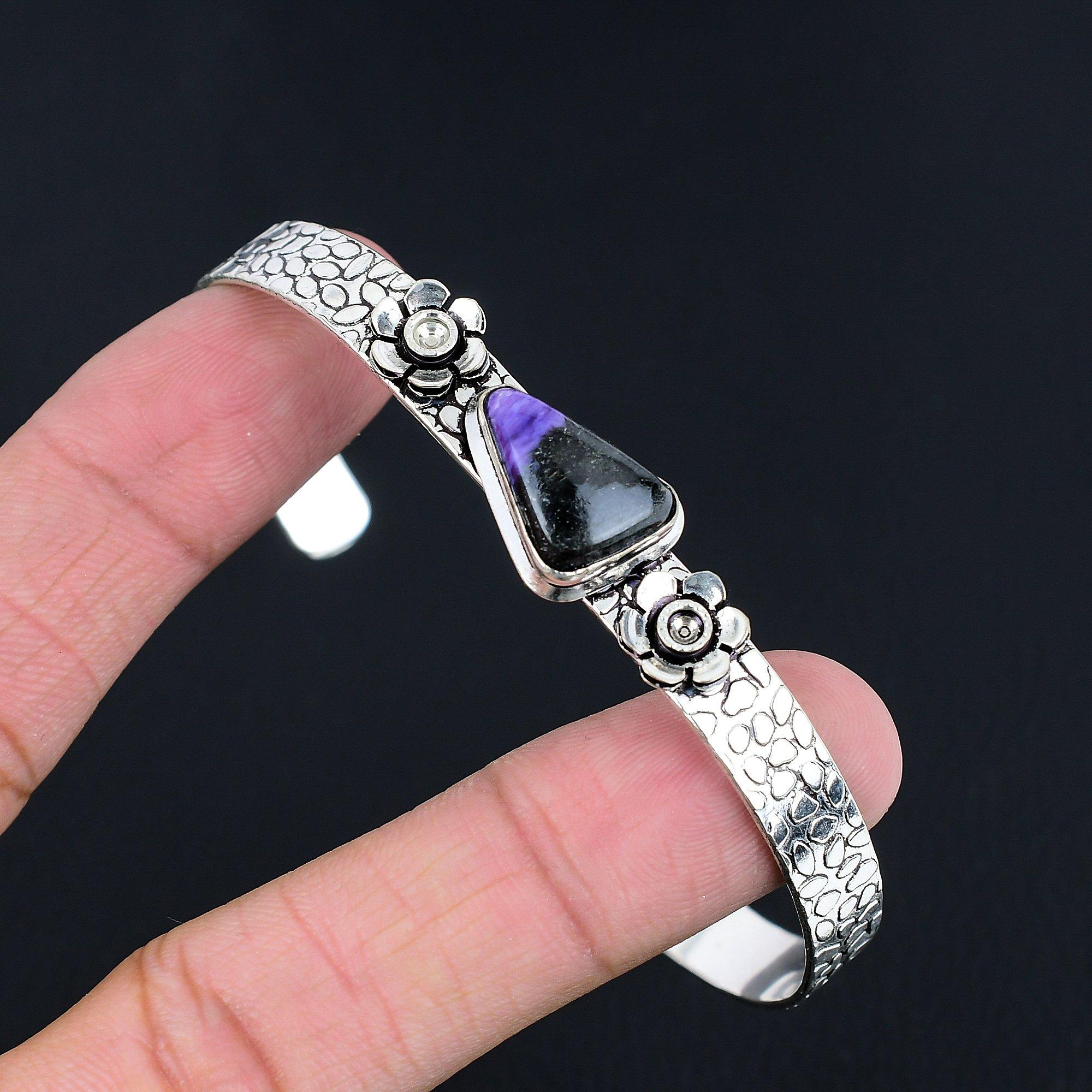 

Memorial Day Sale Trillion Natural Charoite 925 Sterling Silver Bangle Jewelry Adjustable