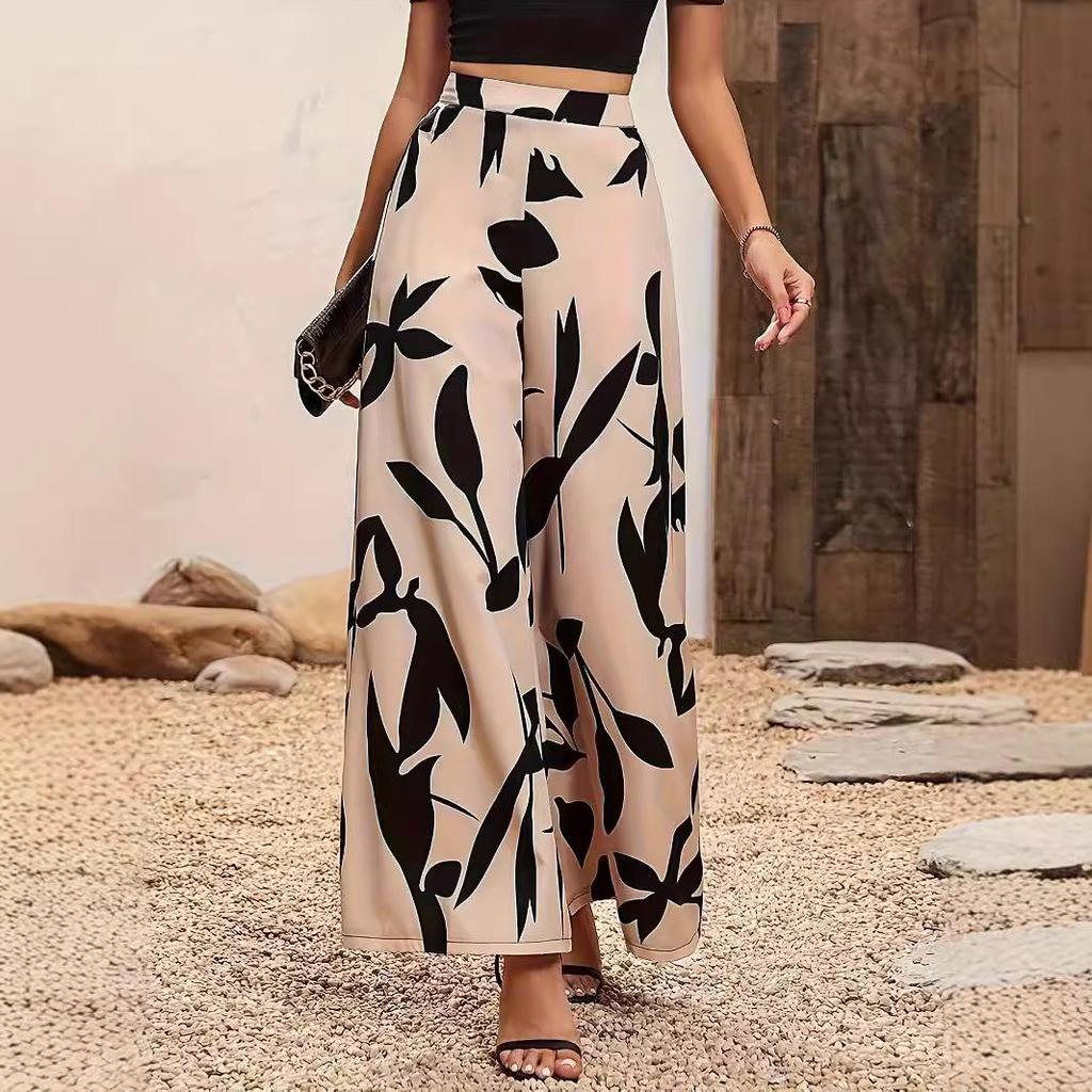 Nuovi Pantaloni da Donna Primavera e Autunno con Stampa a Foglie Vita Alta Gamba Larga Casual