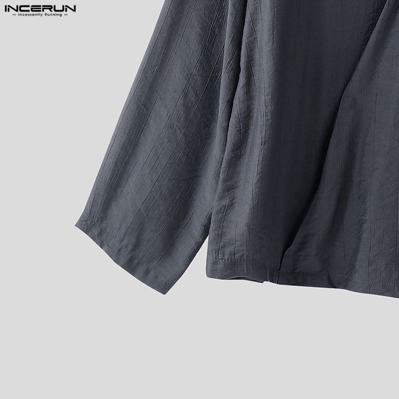 INCERUN Męskie koszule casual z kołnierzykiem V, gładkie, z długim rękawem