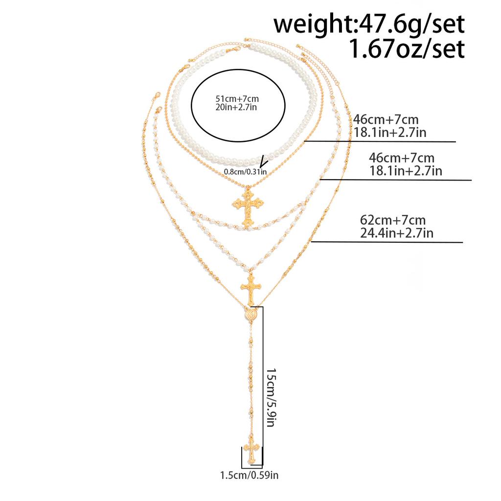 Spice Girl Cross Metal Pendant Necklace Elegant Pearl Beaded Y-Shaped Clavicle Chain Multilayer