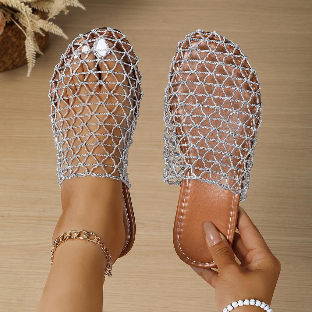 Women Sandals Round Headed Fish Mesh Hollow Ballet Shoes for Summer New Fashionable Flat Bottomed Slides Women Slippers