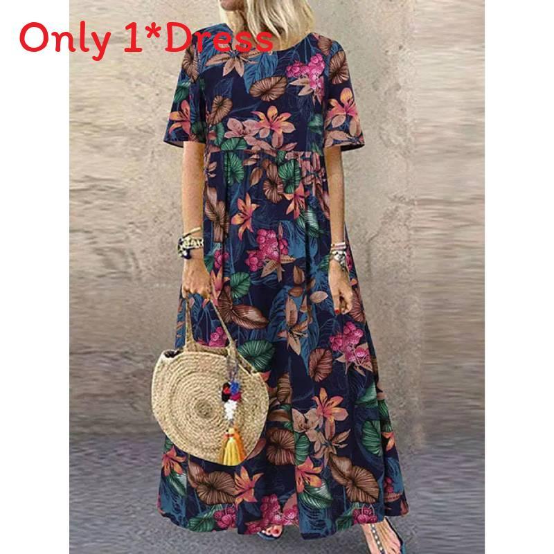 Vintage Floral Print Long Dress With Round Neck And Short Sleeves For Casual Summer Wear