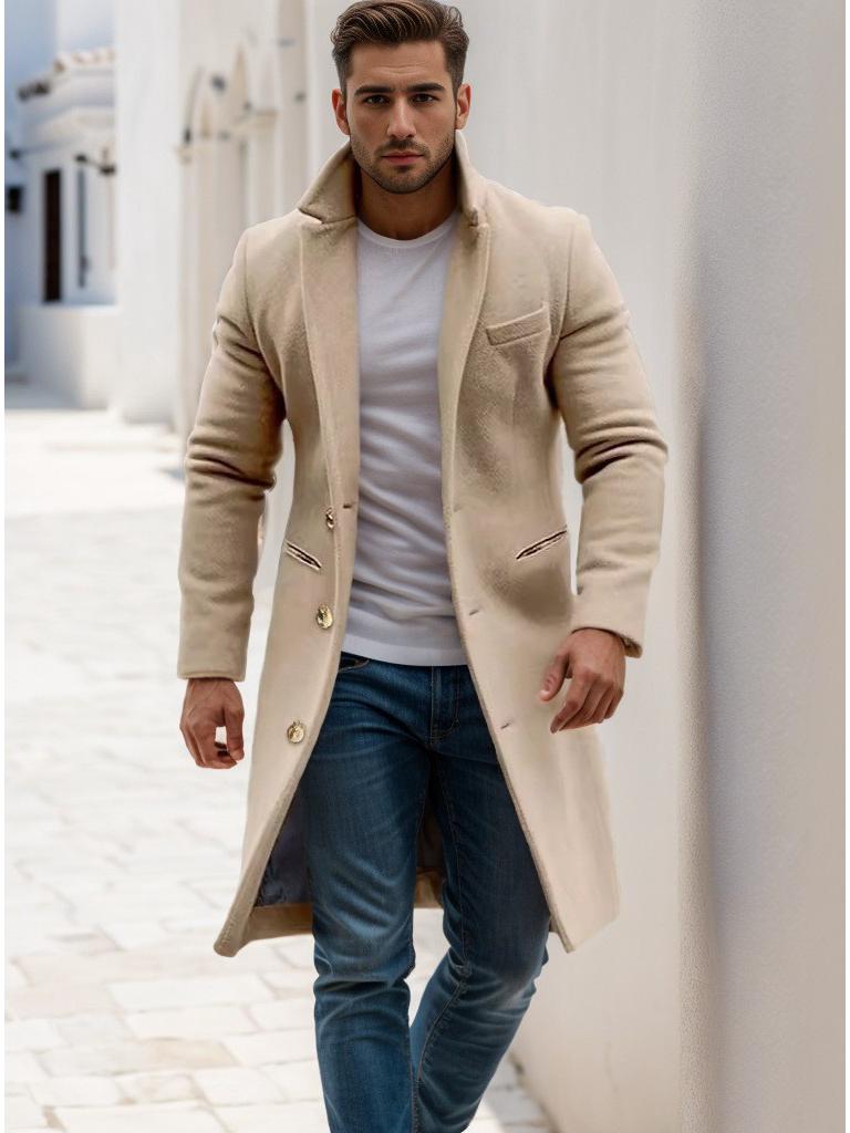 2025 European Men's Woolen Mid-Length Single-Breasted Fashion Overcoat