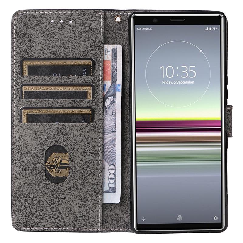 Compatible with Sony Xperia 5: Leather Phone Case with Card Slot, Bracket, and Lanyard.