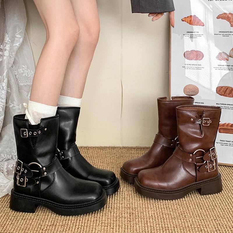 Fashion Winter Platform Synthetic Leather Boots Women Shoes Fashion Slip On Mid Heel Botas Ladies Retro Mordern Booties