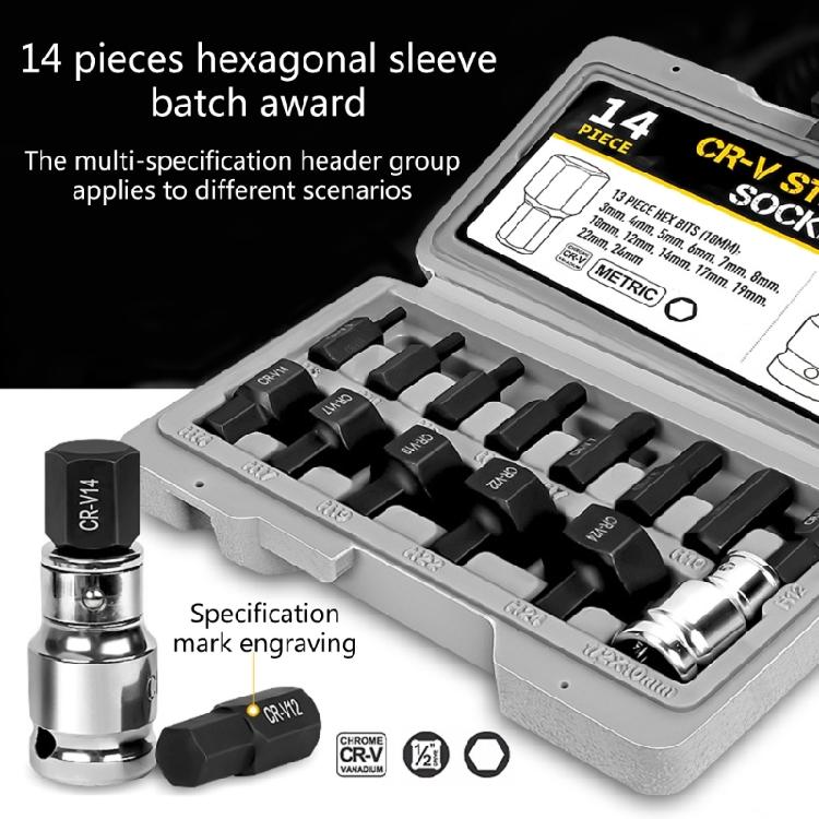 14Pcs 1/2 Inch Drive Key Sockets Hexagon Bit Socket Set For Ratchet 3mm-24mm