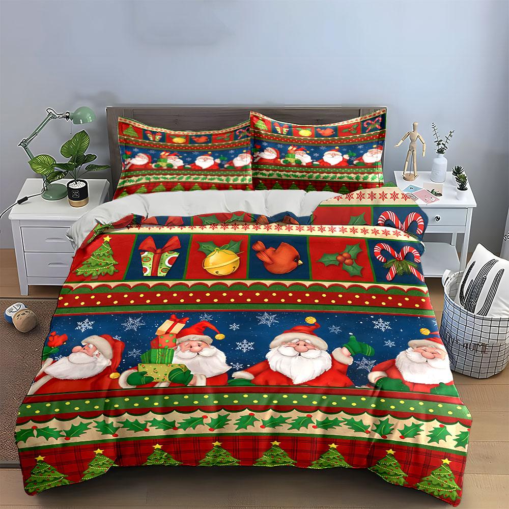 Santa and Christmas Pattern Set Bedding Duvet Cover Set Duvet Cover Pillowcases (1*Duvet Cover 2*Pillowcases, Without Duvet Insert)