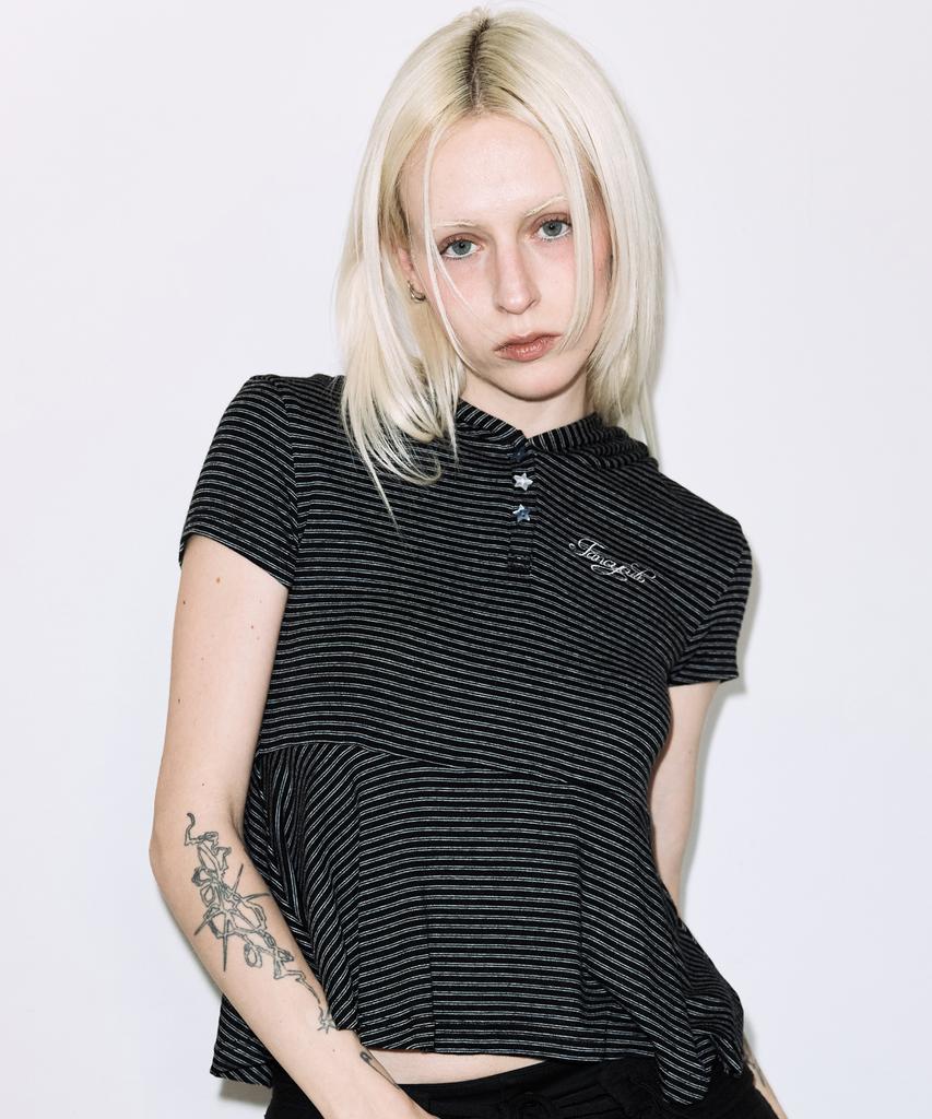FANCY CLUB Striped Hooded Flare Top (Black) F26Qb072