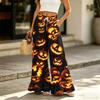Women Wide Leg Pants with Pockets High Waist Drawstring Casual Loose Fit Halloween Print Ruffle Hem Long Trousers for Daily Wear