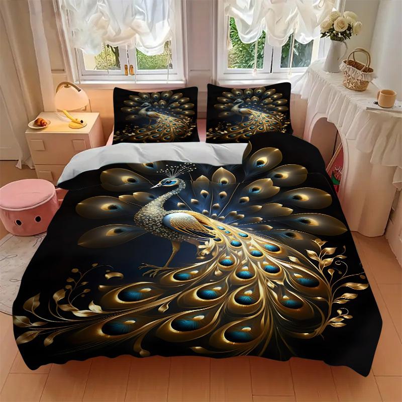 3pcs Golden Peacock Feather Duvet Cover Set - Machine Washable, Includes 1 Cover and 2 Pillowcases, No Core Included Yy251013029