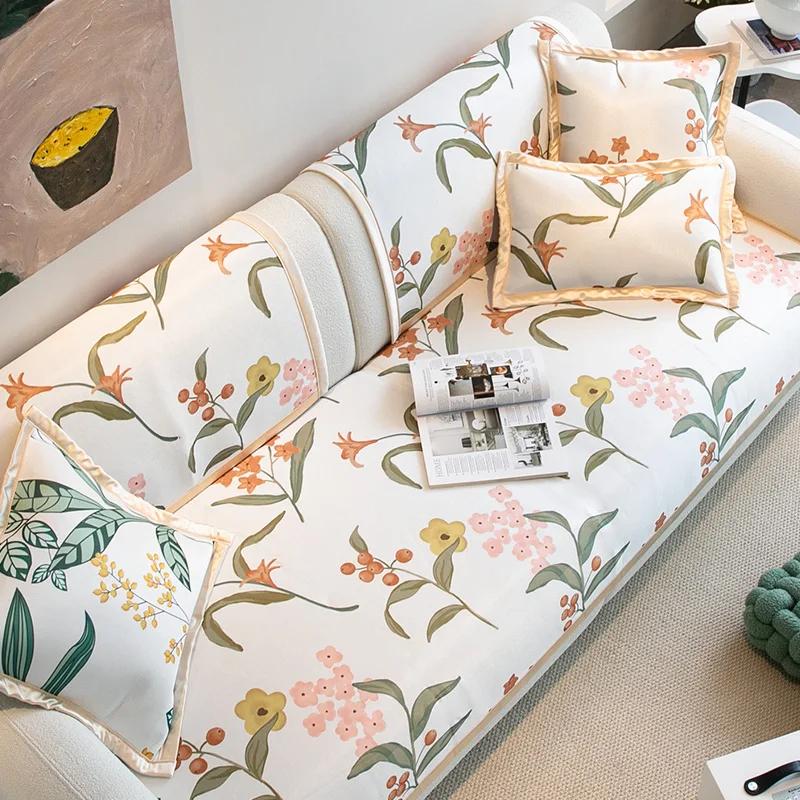 Non-Slip Cool Sofa Cover Ice Silk Sofa Cushion American Style Printed Summer Cooling Living Room Sofa Cover Machine Washable
