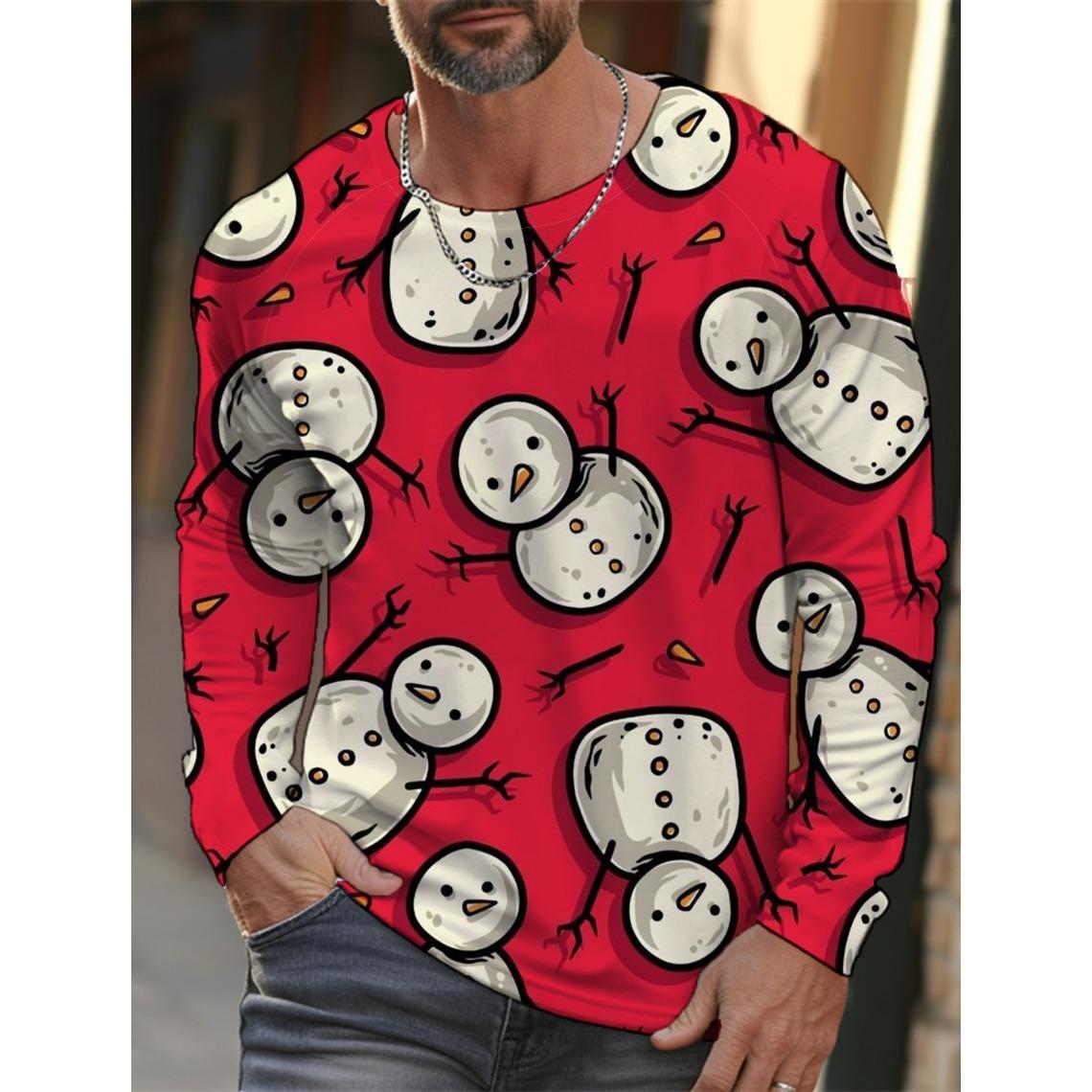 ETST0011 Heren Kerst Sneeuwvlok Print Lange Mouw T-shirt Kerst Cartoon Patroon Sport Casual Schattig Polyester Ronde Hals Lange Mouw 2XL