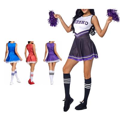 Womens Cheerleading Uniform Dance Costume Schoolgirl Cosplay Outfit Letter Print Sleeveless Dress with Socks Cheering Flower