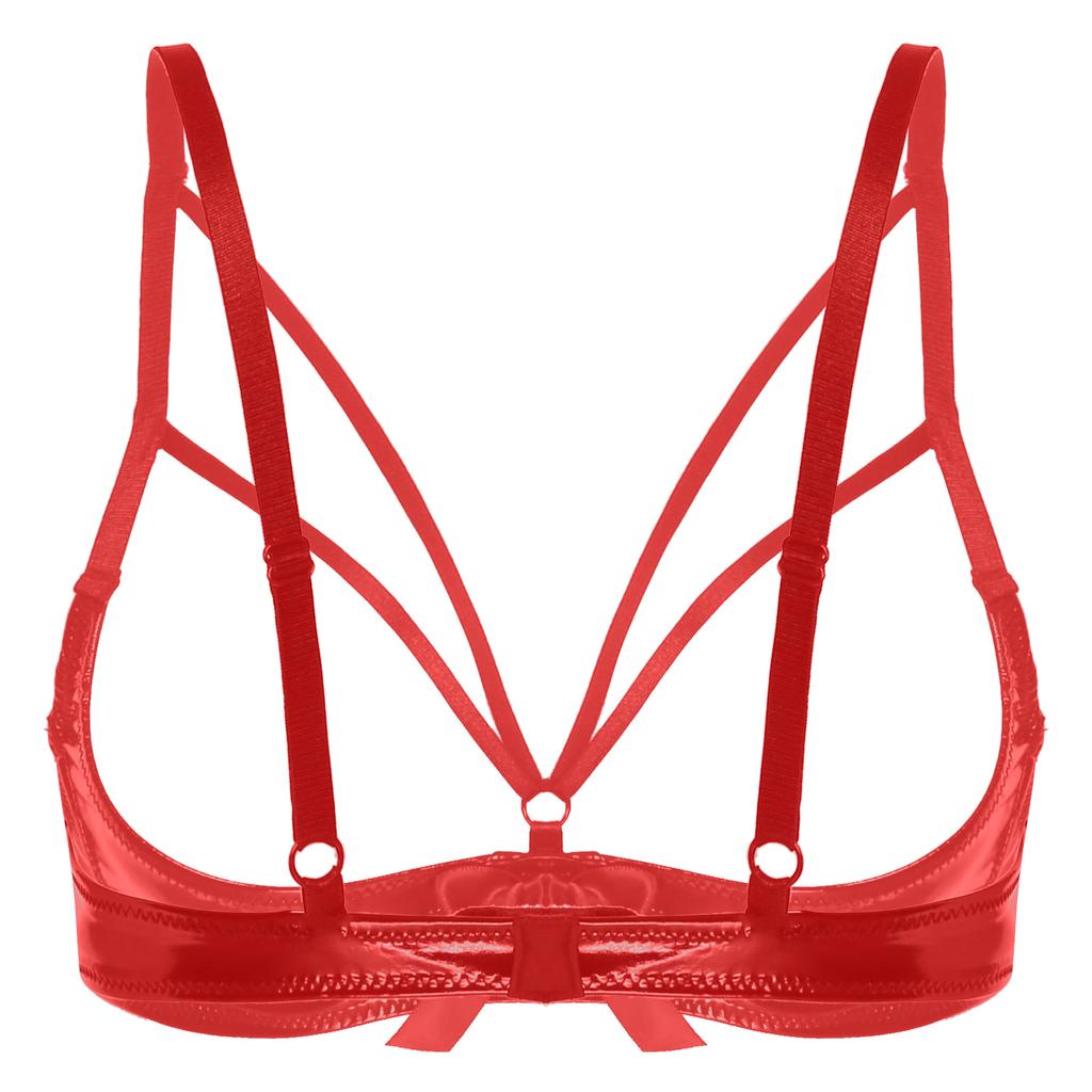 Womens Patent Leather Underwired Bra Strappy Open Cup Adjustable Shoulder Strap Lingerie Clubwear Tops
