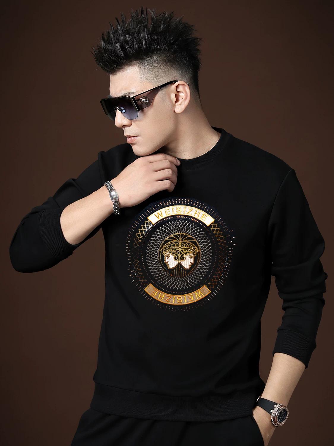 

European High-End Embroidered Long-Sleeve Men s T-Shirt, 2025 Autumn and Winter New Trendy Slim-Fit Pullover Crew Neck Sweatshirt 2XL чёрный