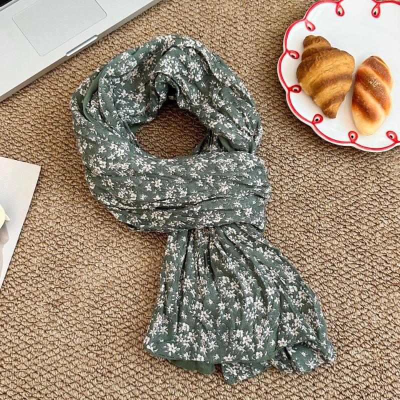 Scarf new versatile literary floral retro pleated cotton and linen scarf versatile women's silk scarf scarf shawl