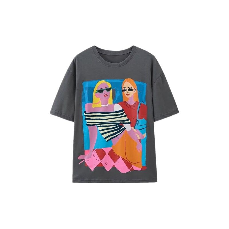 Fashion Style 2024 Summer New Arrival Women's Clothing Casual Easiest for Match Loose Print Washing Effect T-shirt 1131327