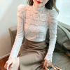 2023 outono gola rendas crochê blusa feminina elegante puff manga longa inferior topos mujer oco branco senhoras camisas 29175