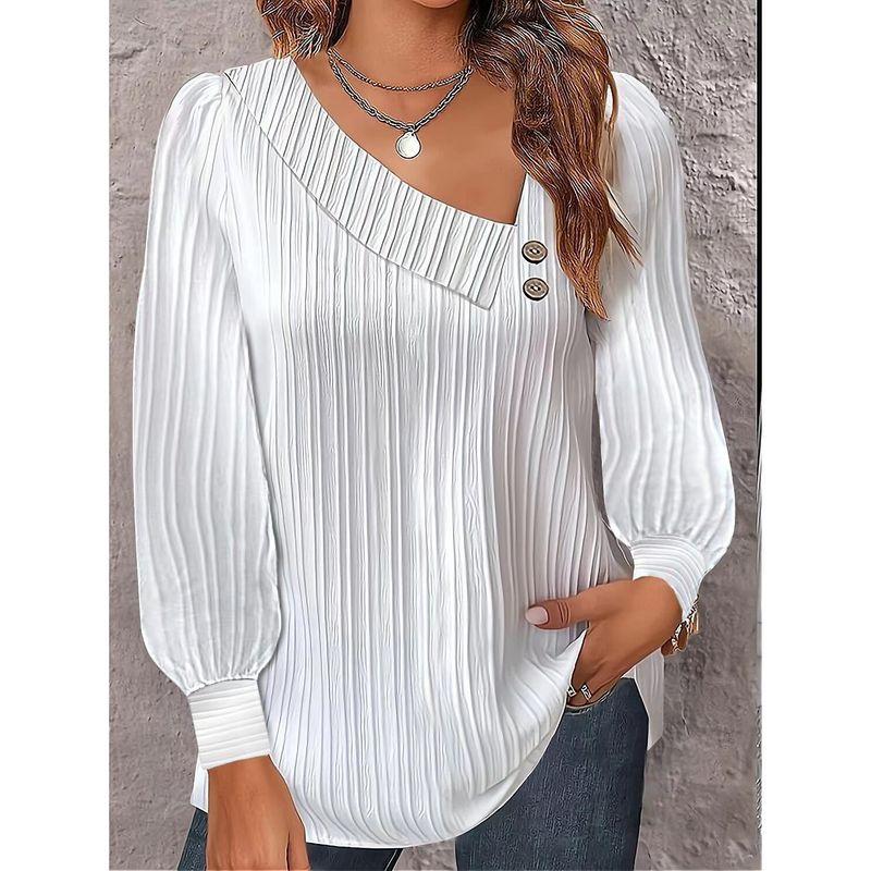 

Fashion Style Spring, Autumn and Winter Stylish Graceful Simple Solid Color and V-neck Long Sleeves Button Solid Color Shirt Shirt Women s Clothing White S