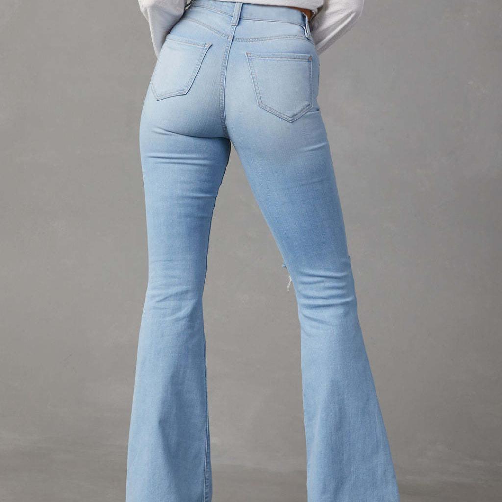 Nowe damskie dżinsy z wysokim stanem i dziurami, spodnie rozszerzane w stylu Spice Girls, spodnie damskie