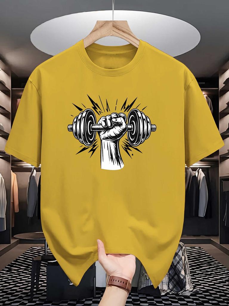 Unisex Crew Neck Tee Fitness Dumbbell Hand Print Soft Cotton Loose Breathable Short Sleeve Summer Gym Casual Daily Street Wear Tops