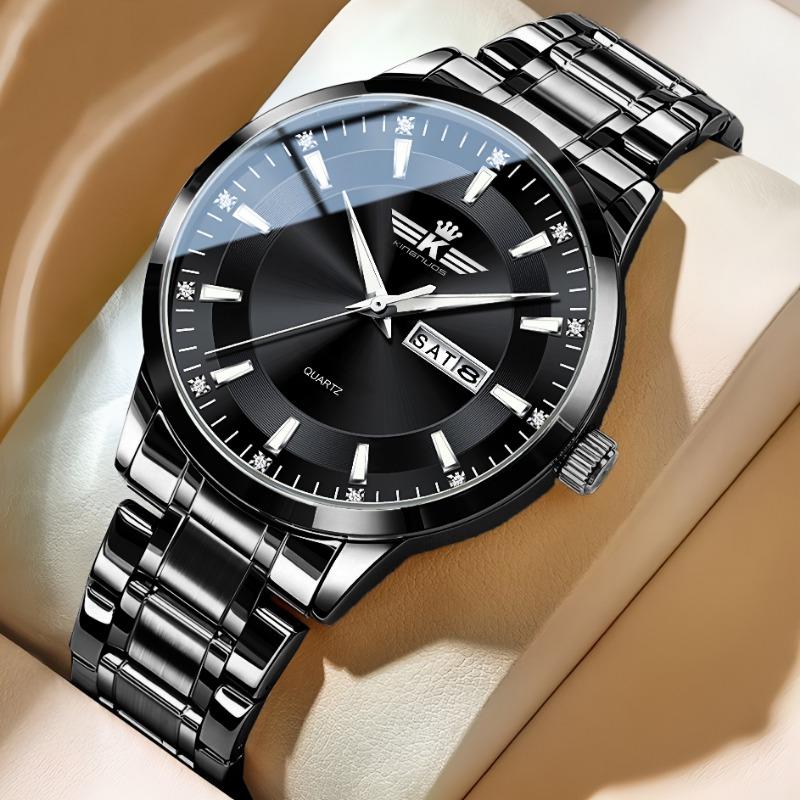 Top Brand New Men's Steel Band Waterproof Quartz Double Calendar Watch Luminous Scale Cross-Business Wristwatch