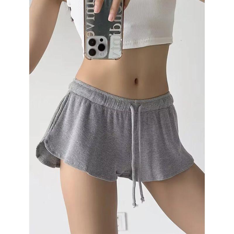 BM Sense Waffle Low Waist Shorts Gyaru Wind Drawstring Casual Pants Women Summer Loose Slimming Wide Leg Sports Pants
