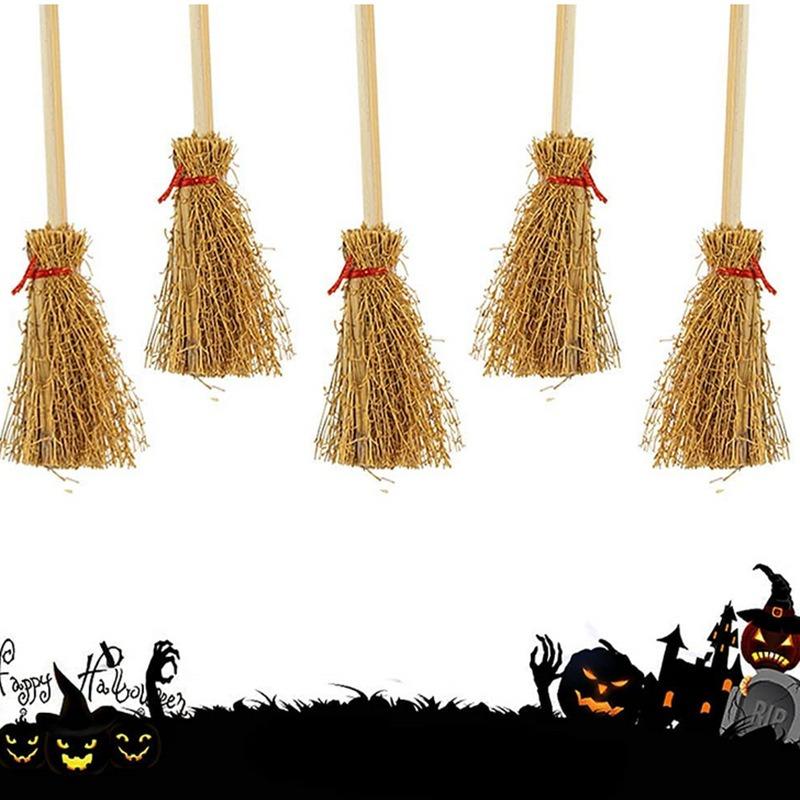 10pcs Miniature Artificial Mini Straw Brooms with Red Ropes Halloween Straw Craft Decoration for Costume Cosplay Party