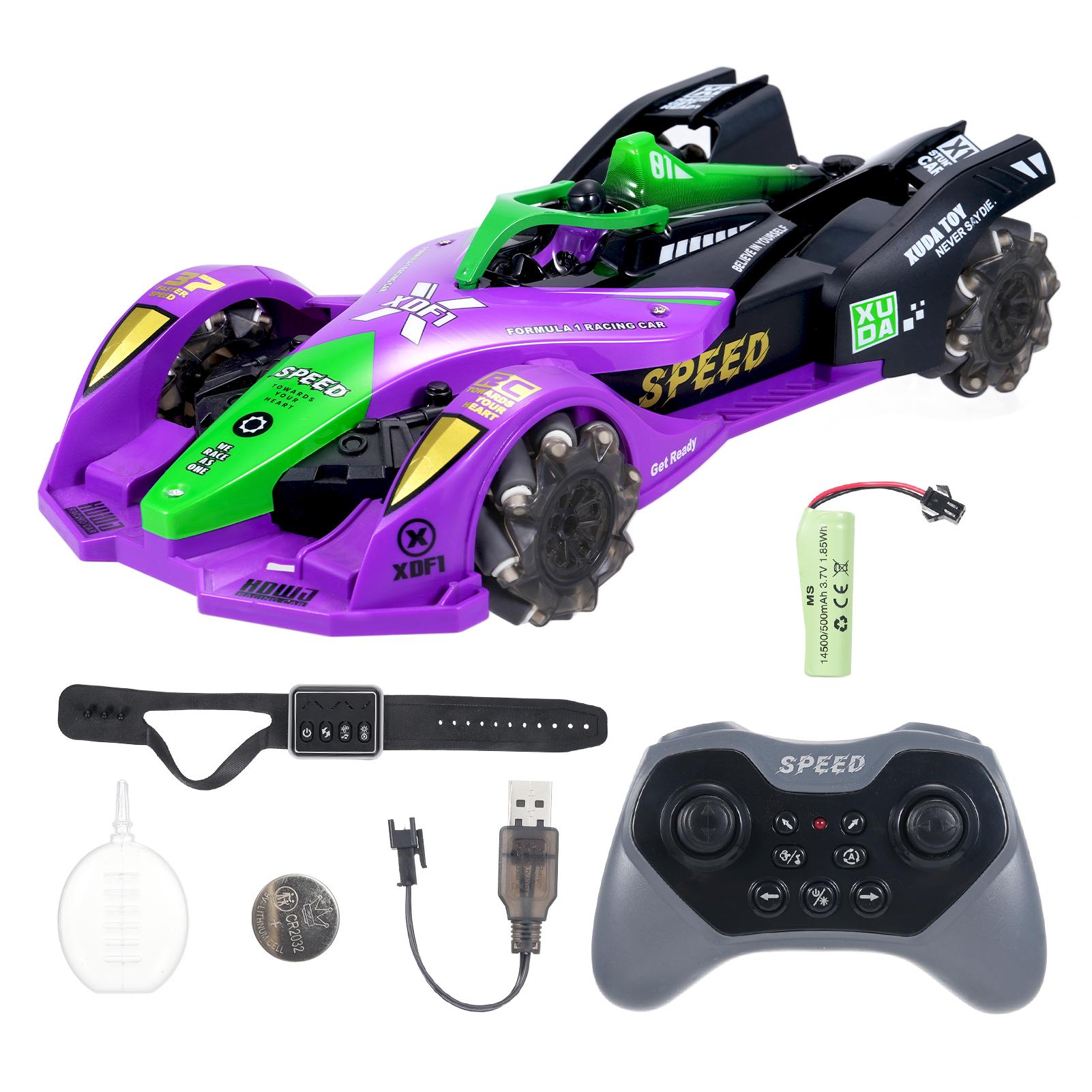 

Машина на радиоуправлении, Управляемая жестами, Трюковая машина с функцией распыления, С подсветкой и музыкой, 2,4 ГГц 12 каналов Purple 1 Battery