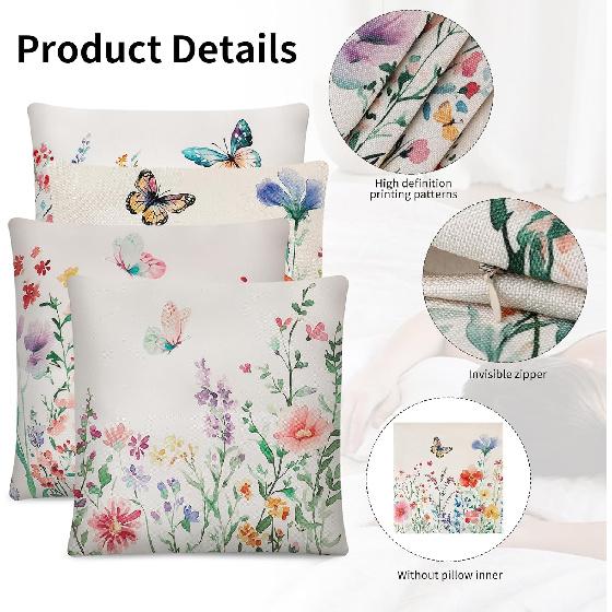Set of 4 Spring Floral Throw Pillow Covers 18x18 Inches,Soft Linen Cushion Cases with Wildflowers Plants and Butterfly Garden Design for Couch Sofa