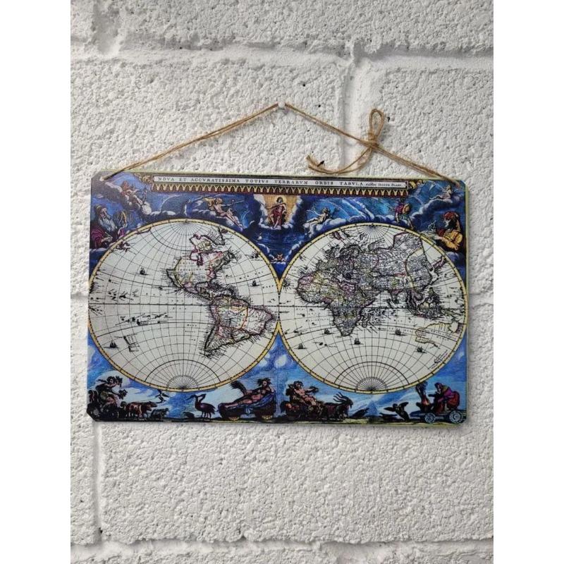 Vintage World Map Tin Sign, Antique Metal Wall Decor