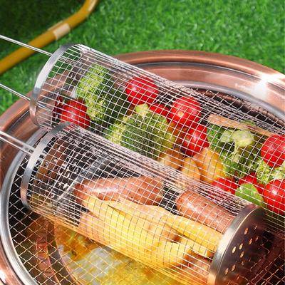 Stainless Steel Grill Basket Portable Barbecue Cage Rolling Grilling Basket Useful BBQ Grill Basket Outdoor Grill Accessories