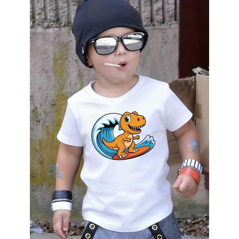 Boys Crew Neck Short Sleeve T-Shirt with Surfing Dinosaur Print 110 белый