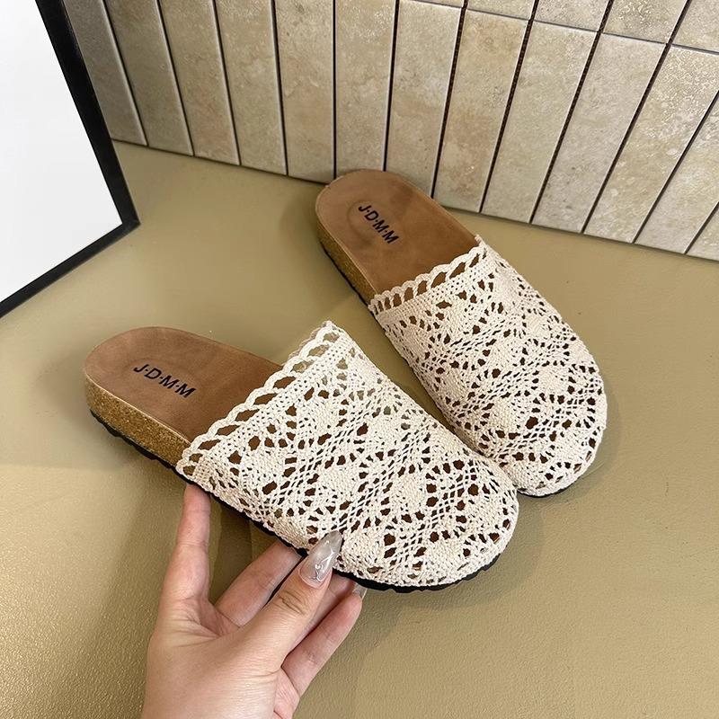 Baotou Half Slippers Women's 2025 New Flat Bottom Hollow One Pedal Women's Fashion Half-support Single Shoes Square Head Slippers