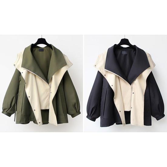 Women Windbreaker Hooded Patchwork Colorblock Zipper And Button Closure Long Sleeves Tight Waist