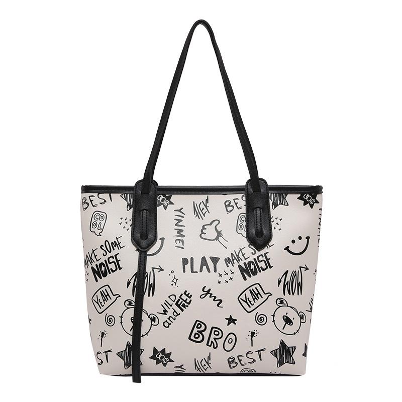 

Контрастная цветная большая женская сумка 2024 года, осень-зима, новая симпатичная сумка через плечо с мультяшным принтом, универсальная модная сумка-тоут чёрный