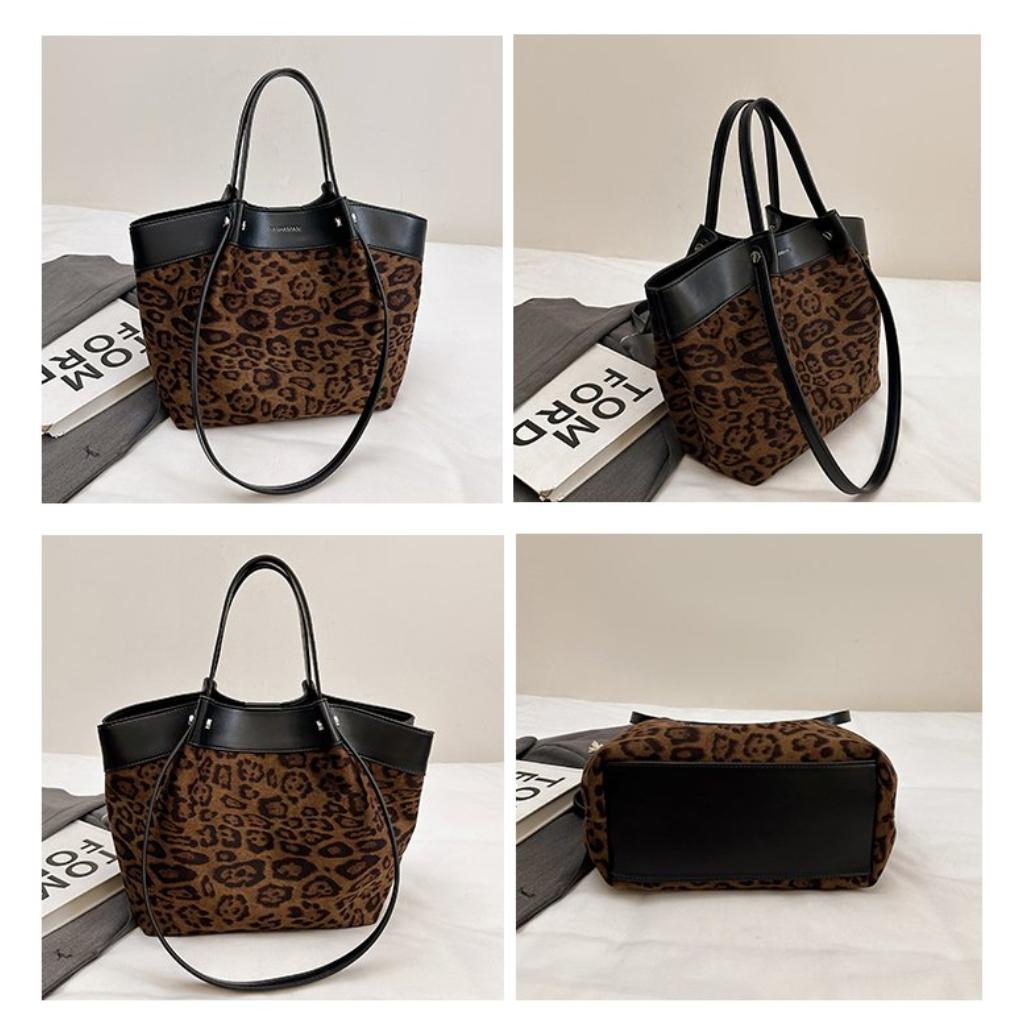Tote Bag Women Velvet Leopard Print Large Capacity Office Daily Use