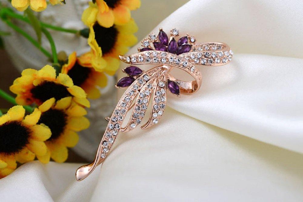 Miaomyao Cubic Zirconia Purple Elegant Ribbon Flower Crystal Leaf Brooch Accessory for Women Birthday Anniversary Gift [MiaoMiao] (Purple & Gold)