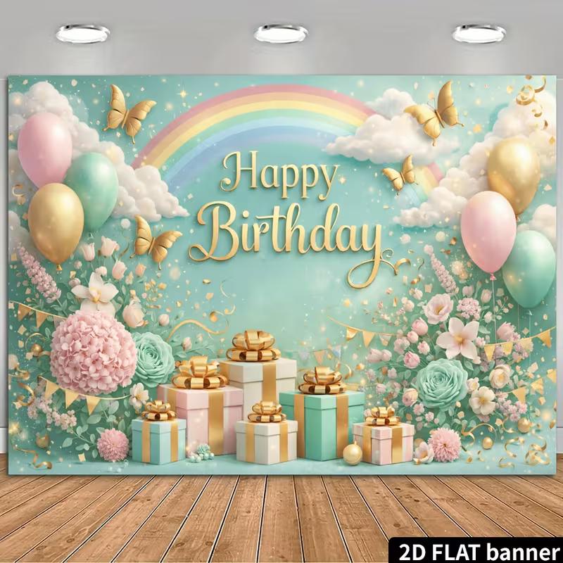 

2D Mint Green Happy Birthday Backdrop, Rainbow & Gold Butterfly Party Banner 47.2x31.5inch/120*80cm