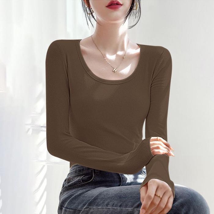 2025 Women's Slim Fit Black Long Sleeve Top: Versatile Low Neck Base Layer for Spring and Autumn