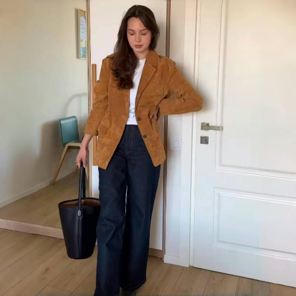 VAYLA Elegant Women's Suede Jackets Loose Lapel Single Breasted Long Sleeve Female Coats Lady Street Commute Outwear New