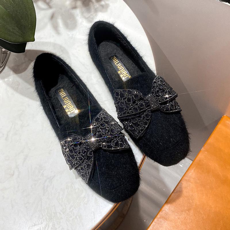 Модные зимние туфли с хрустальным бантом, женские пушистые балетки из кроличьего меха, женские теплые плюшевые лоферы с подкладкой из кашемира, мокасины, пушистые шерстяные туфли