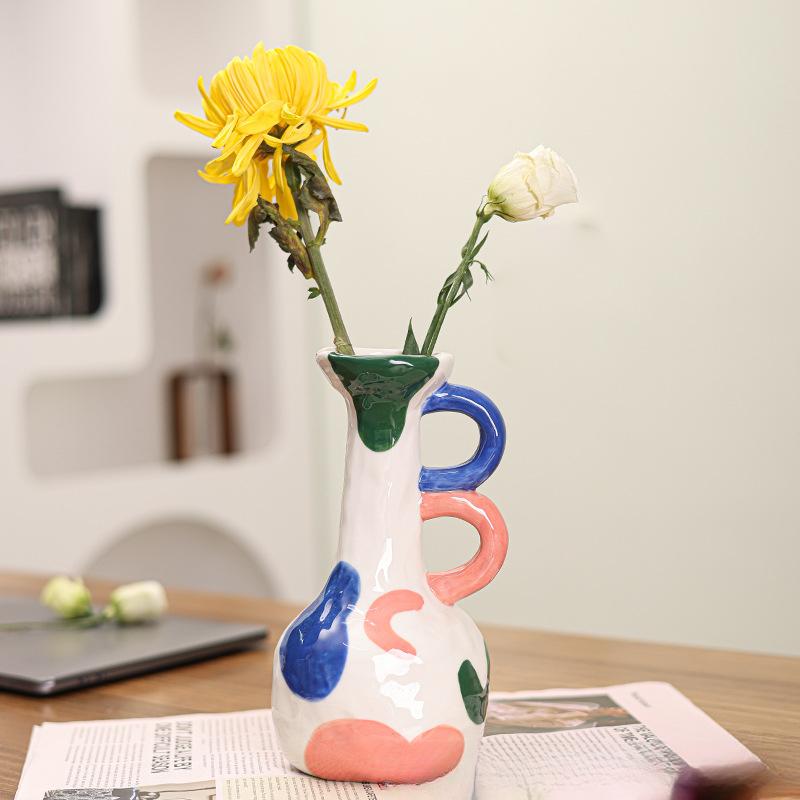 Ceramic Vase Living Room Decoration Creative Design Color Block Painted Niche Flower Ware Durable Best Durable Useful