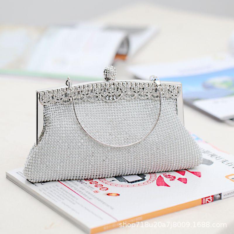 Handmade Water Diamond Evening Bag Satin Fabric with Hand Strap Wedding Banquet Clutch Bag Soft Polyester Lining Chinese Origin