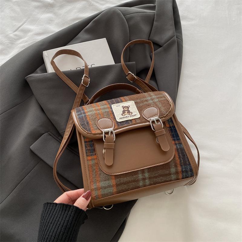 Woolen plaid portable small bag women's new trendy fashion college style backpack winter retro messenger bag