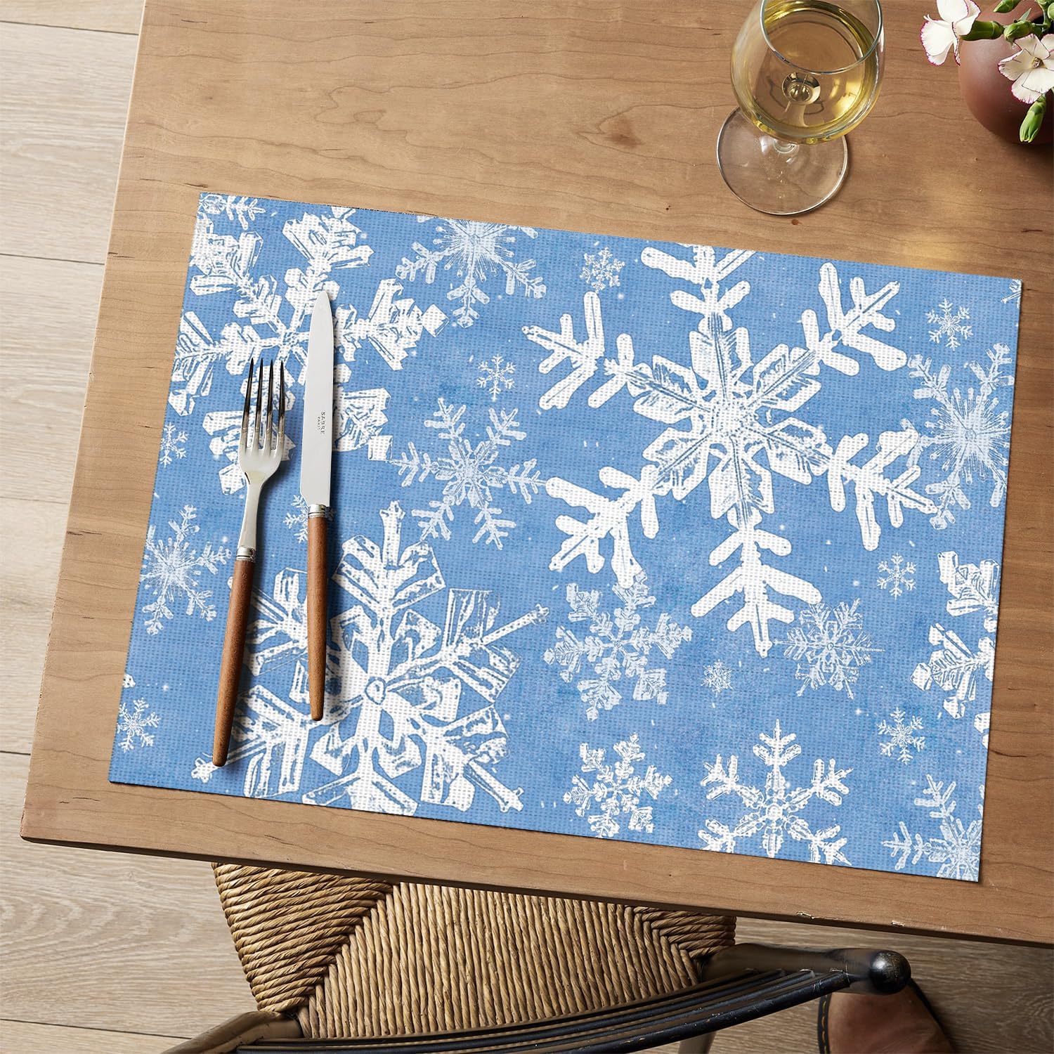 

Snowflakes Christmas Vinyl Placemats Set of 4, 12x18 Inch Washable Blue Winter Plastic Table Mats for Party Kitchen Dining Decor 12 x 18 , Rectangular 4 Pcs