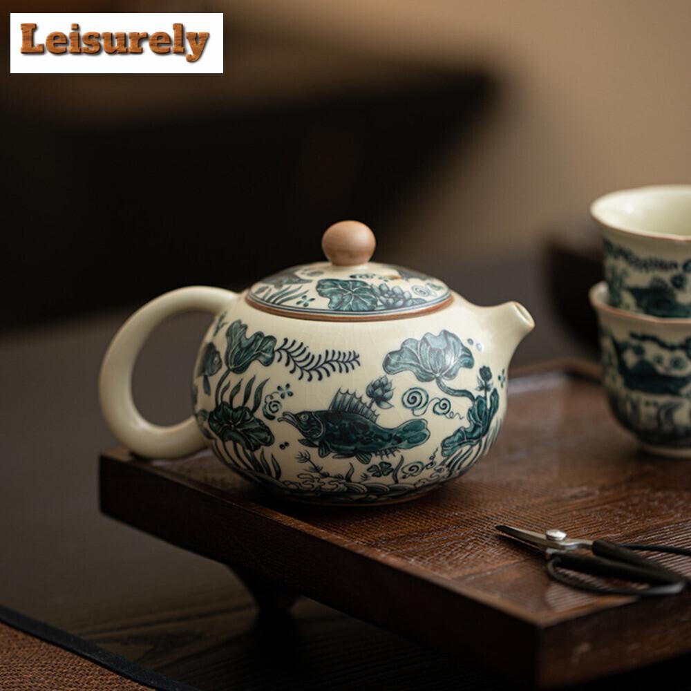 111ml Ancient Fish Algae Pattern Xishi Teapot Imitation Song Ru Kiln Ball Hole Infusions Pot Tea Brewing Kettle Cha Collection