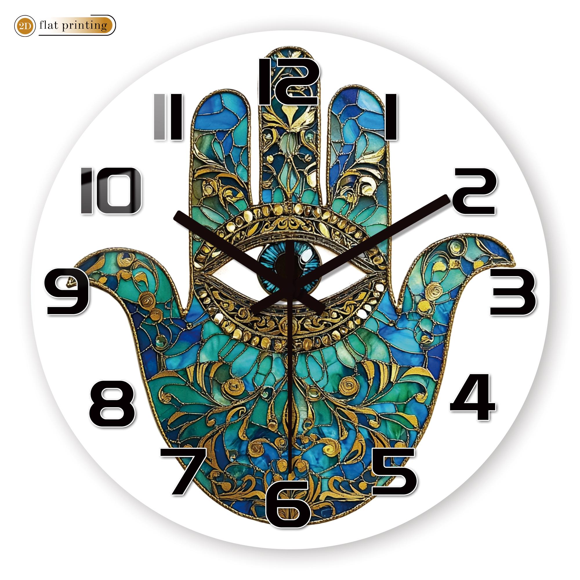 Hamsa Hand Evil Eye Wall Clock, Bohemian Blue Gold Pattern Decor, Cultural Symbolic Protective Home Accent 10 inch
