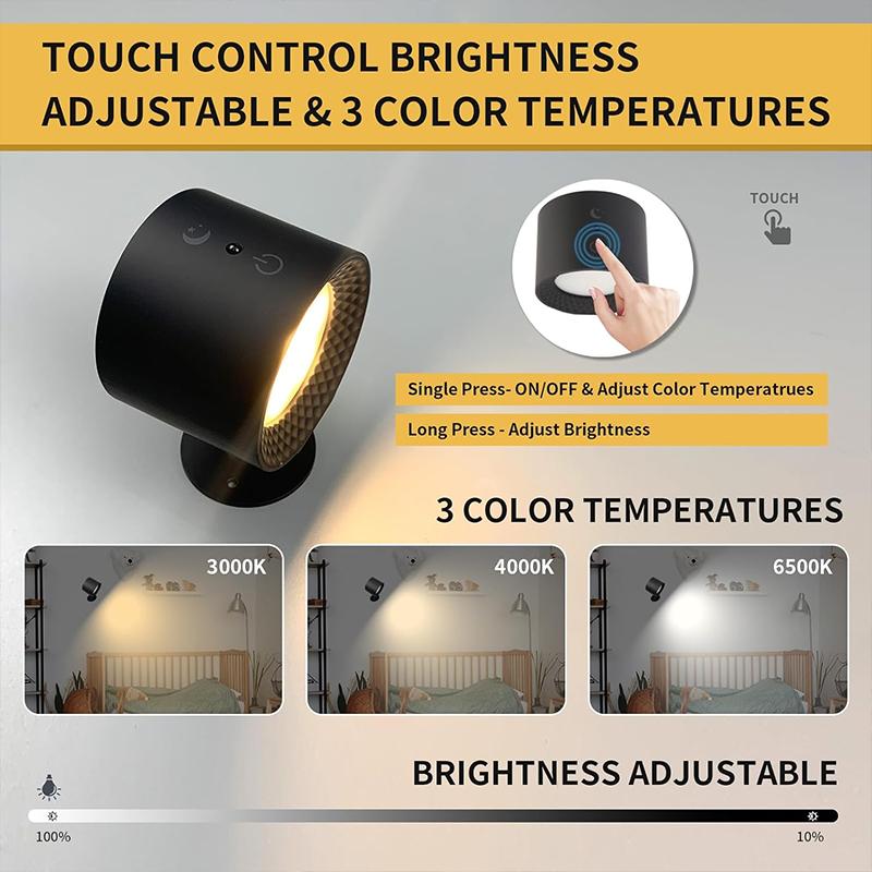 Lampe murale à LED avec télécommande tactile, rotative à 360 °, rechargeable par USB, sans fil, portable, veilleuse pour chambre à coucher, lampe de lecture