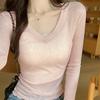 Fashionable V-neck Knitted Sunscreen Long Sleeved T-shirt for Women In Early Autumn American Style Slim Fit Micro Transparent Cover Up Pure Desire Top